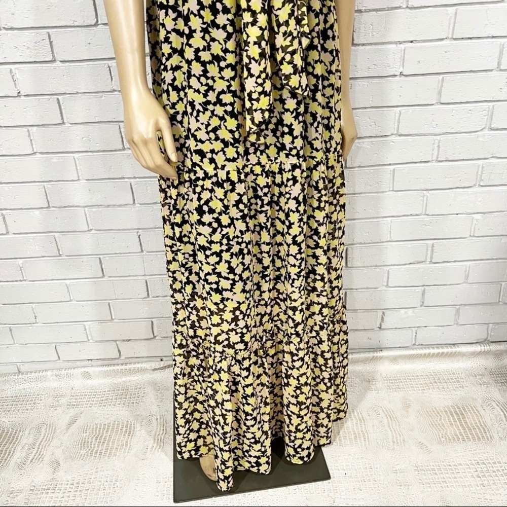 Who What Wear Yellow Floral Tie Neck Tiered Maxi Dress Sleeveless Black | Large - Picture 3 of 7